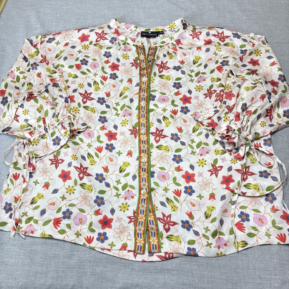 Emily Lovelock Multicolor 100% Silk Blouse Medium 6-8 Floral Ballon Sleeves Ties